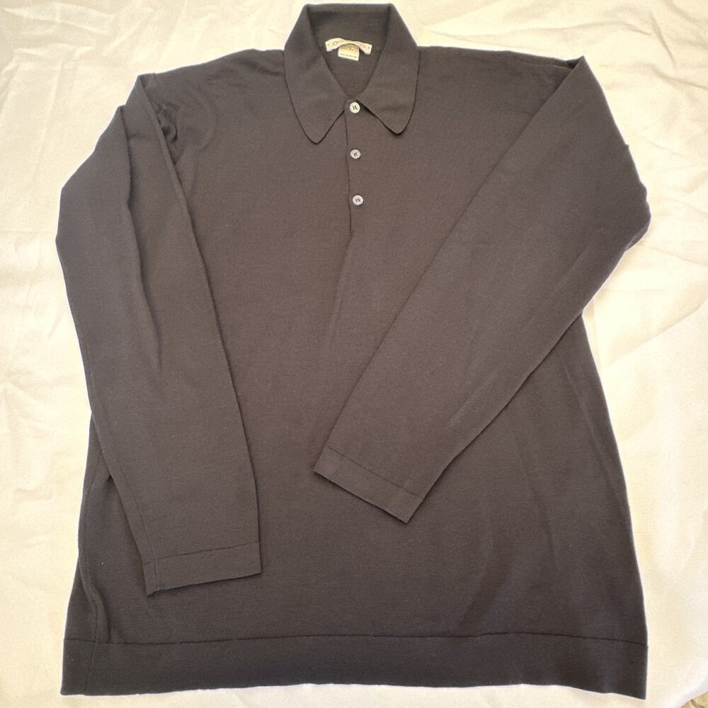 John Smedley Polo Shirt Mens XXL Black Long Sleeve Extra Fine Merino Wool